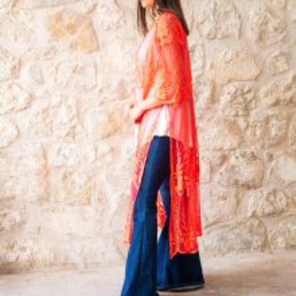 Coral Lace Duster with 3/4 Sleeves Kimono - Picture 4 of 7